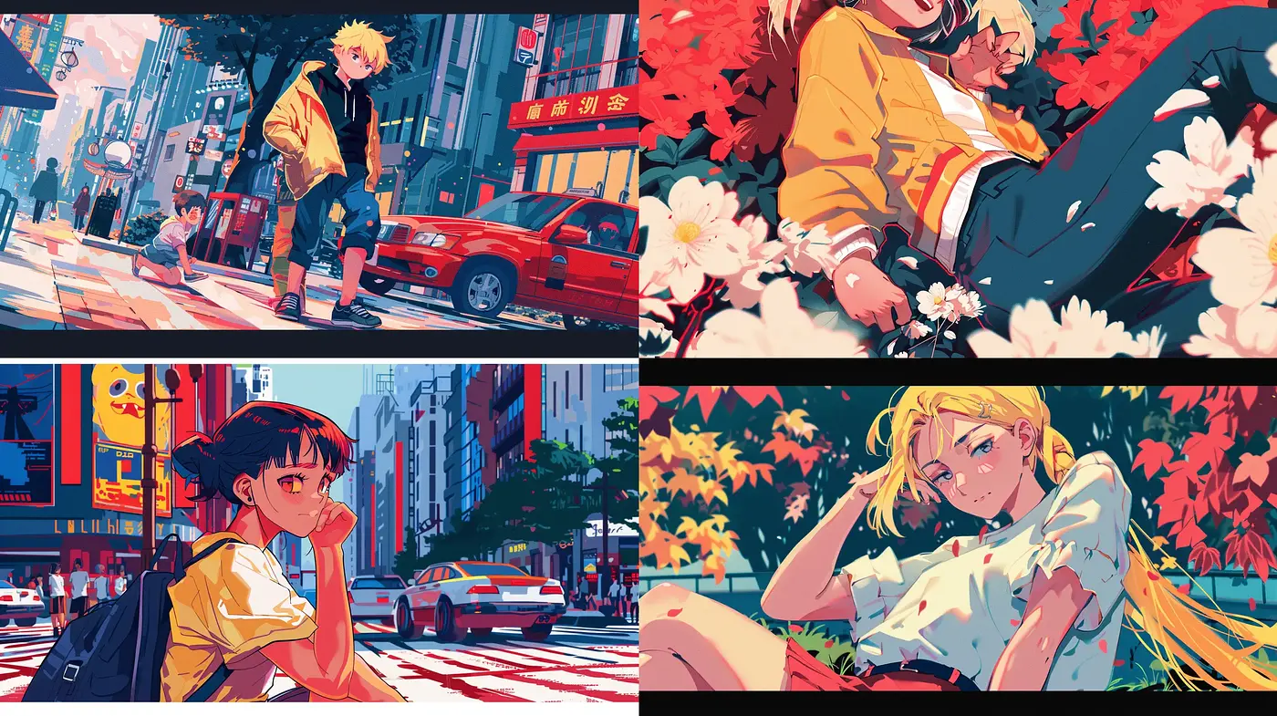 Dynamic Anime-Inspired Urban Tapestry with Vivid Color Harmonies - Midjourney sref style