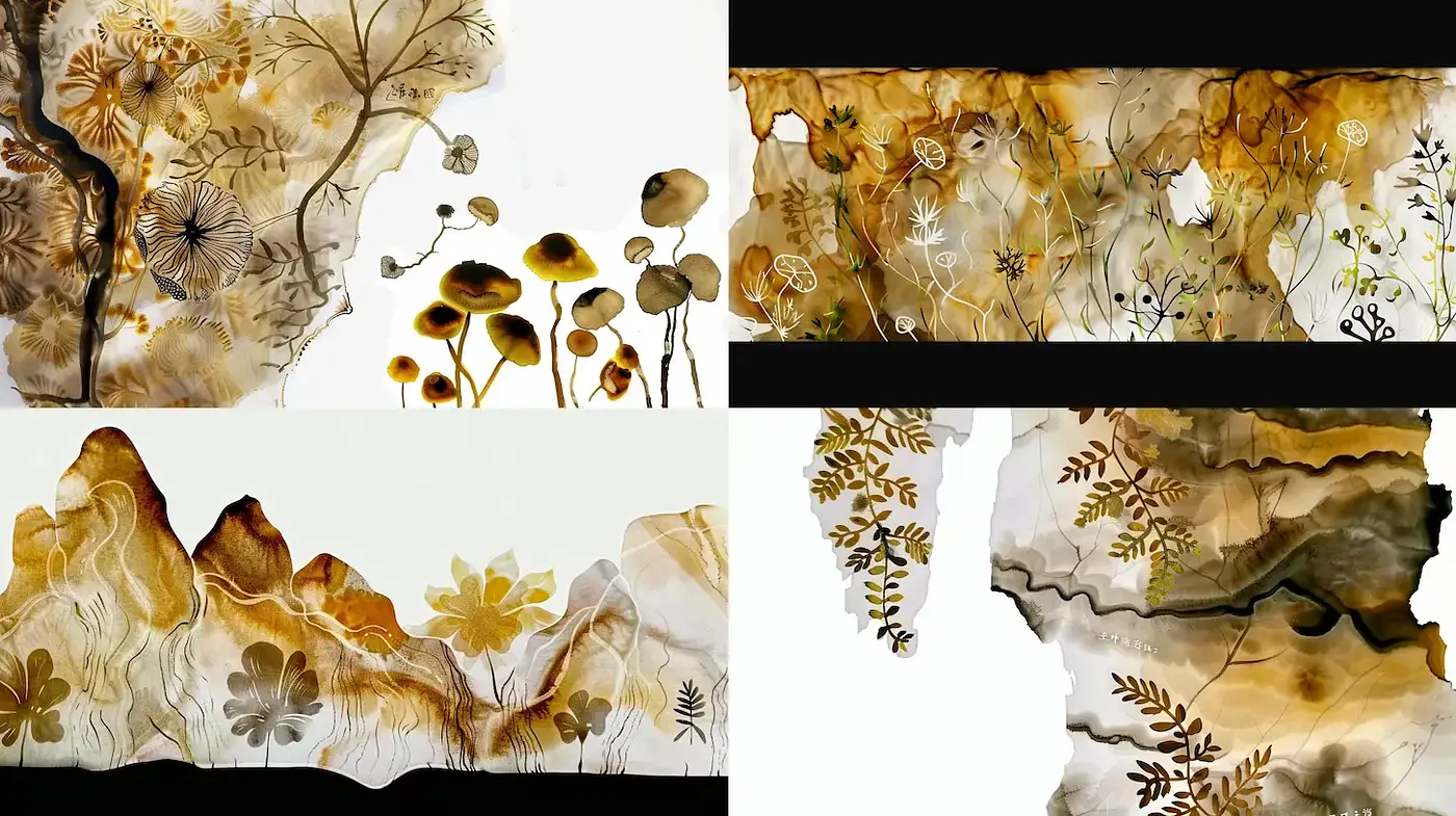 Abstract organic forms with earthy tones and delicate floral motifs - Midjourney sref style