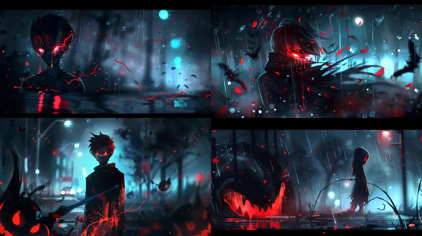 Nocturnal Symphony of Red and Blue: A Dive into a Dark, Rain-Soaked World - Midjourney sref style