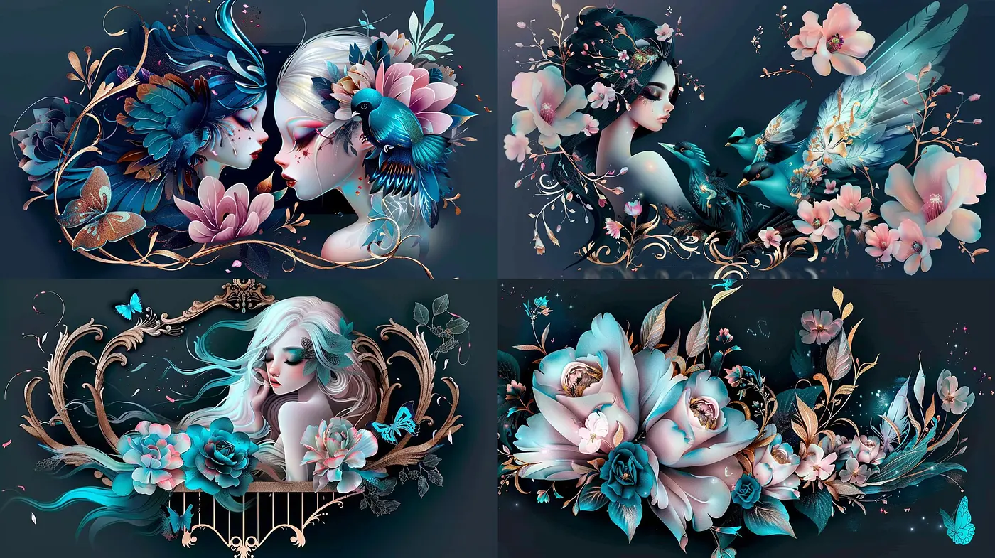 Ethereal Dreamscape in Turquoise and Onyx: A Fusion of Surreal Florals and Avian Elegance - Midjourney sref style