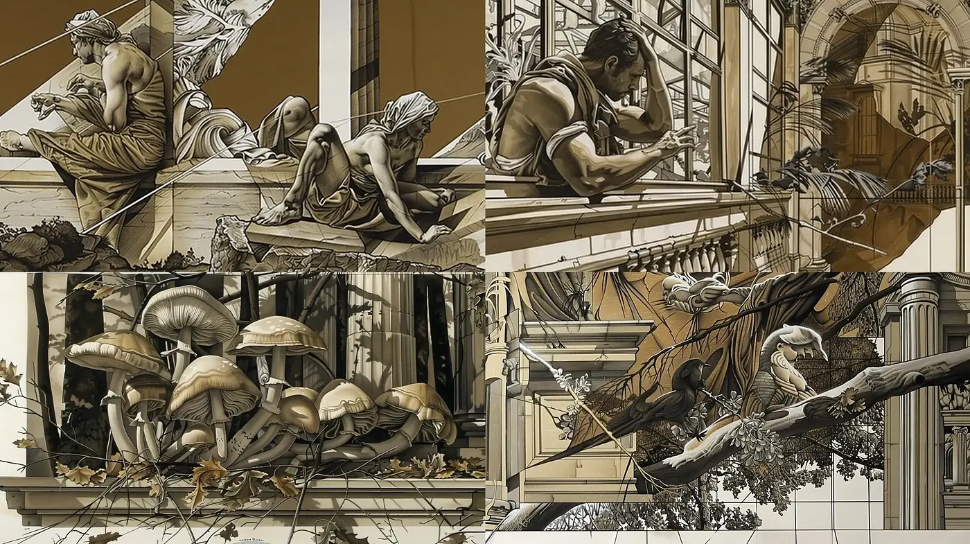 Sepia-Toned Architectural Fusion with Surrealist Elements - Midjourney sref style