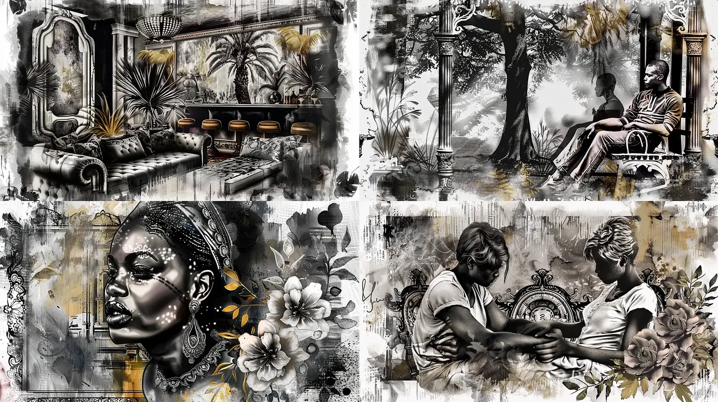 Monochrome Elegance: Textured Portraits with a Hint of Gold - Midjourney sref style