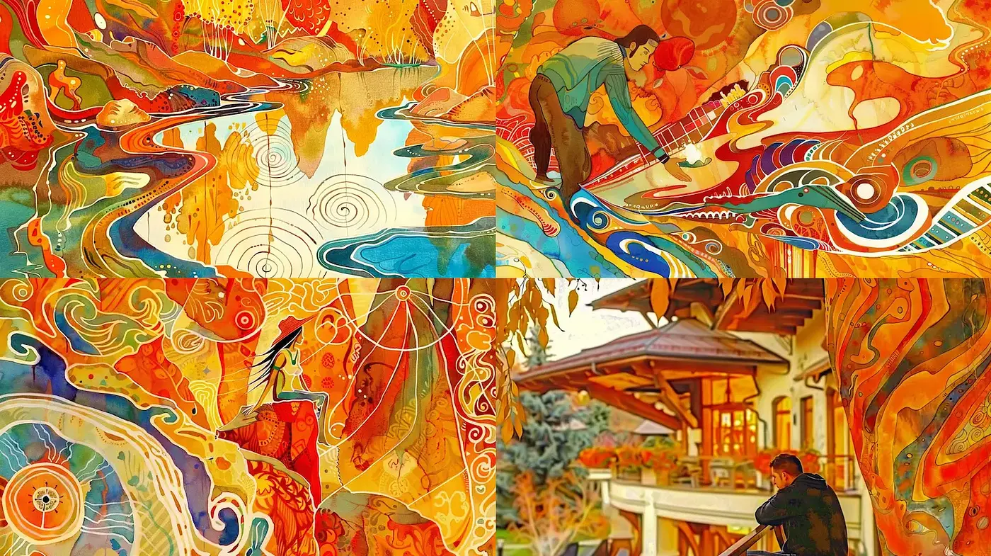 Vibrant Illustrative Art with Flowing Forms and Whimsical Elements - Midjourney sref style