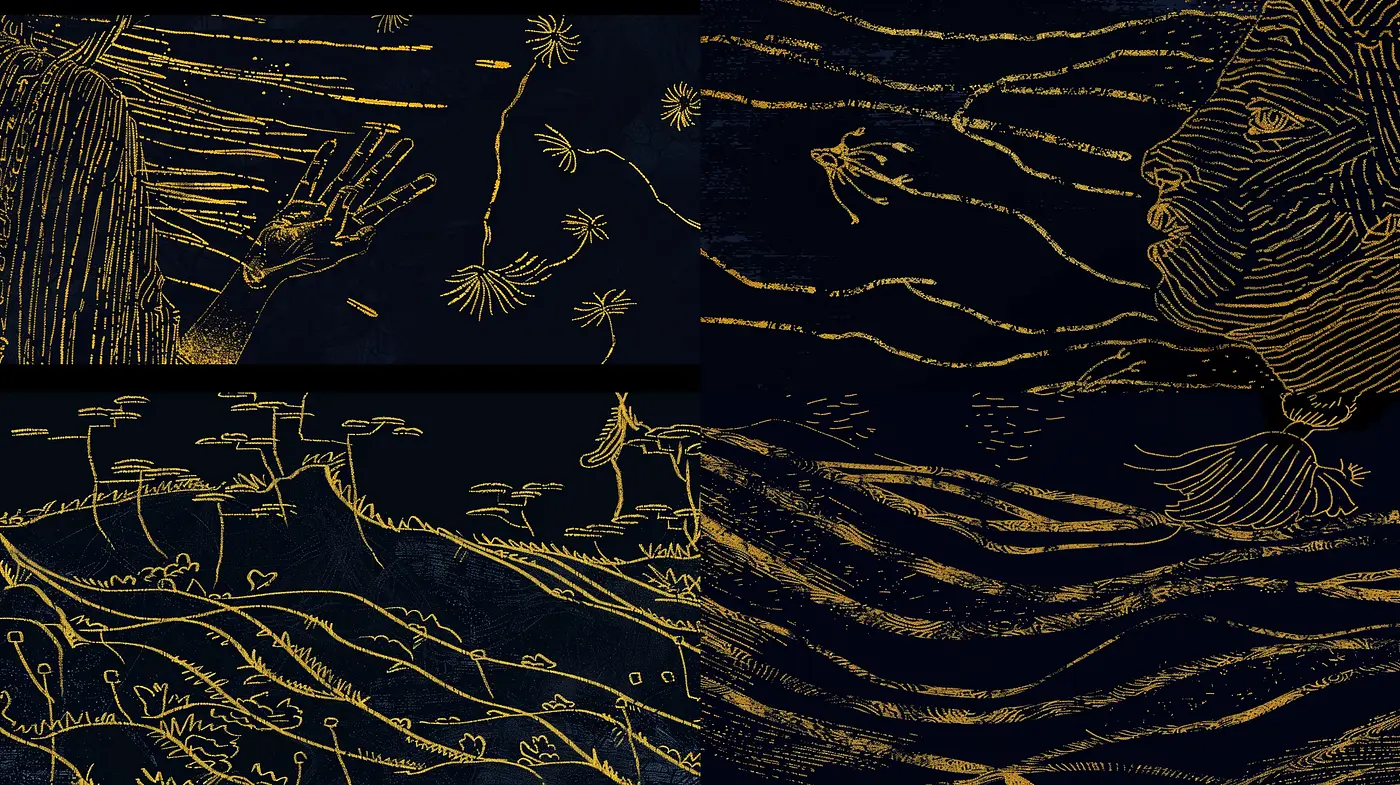 Enigmatic Etchings in the Void: A Study in Contrasting Gold on Midnight - Midjourney sref style