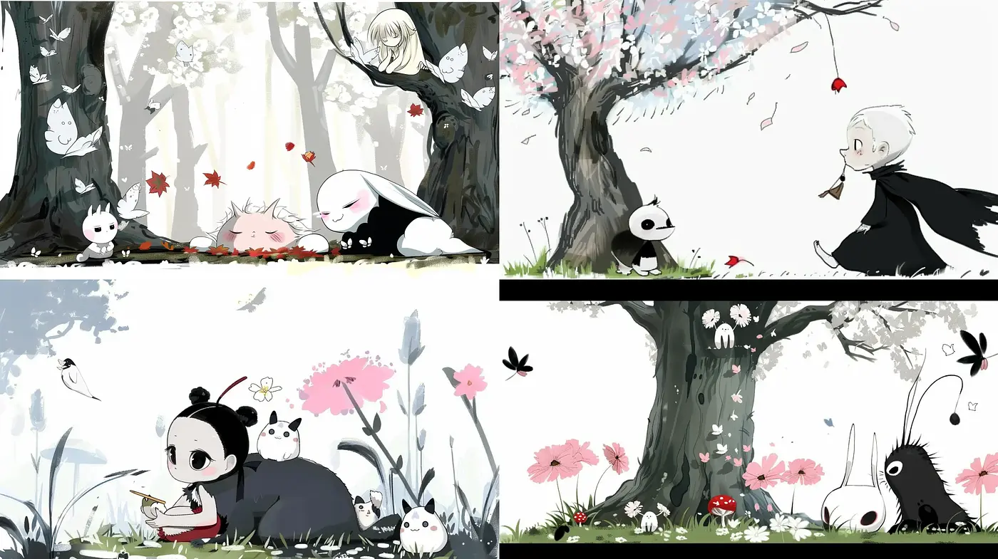 Whimsical Monochrome and Pastel Anime-Inspired Sceneries - Midjourney sref style