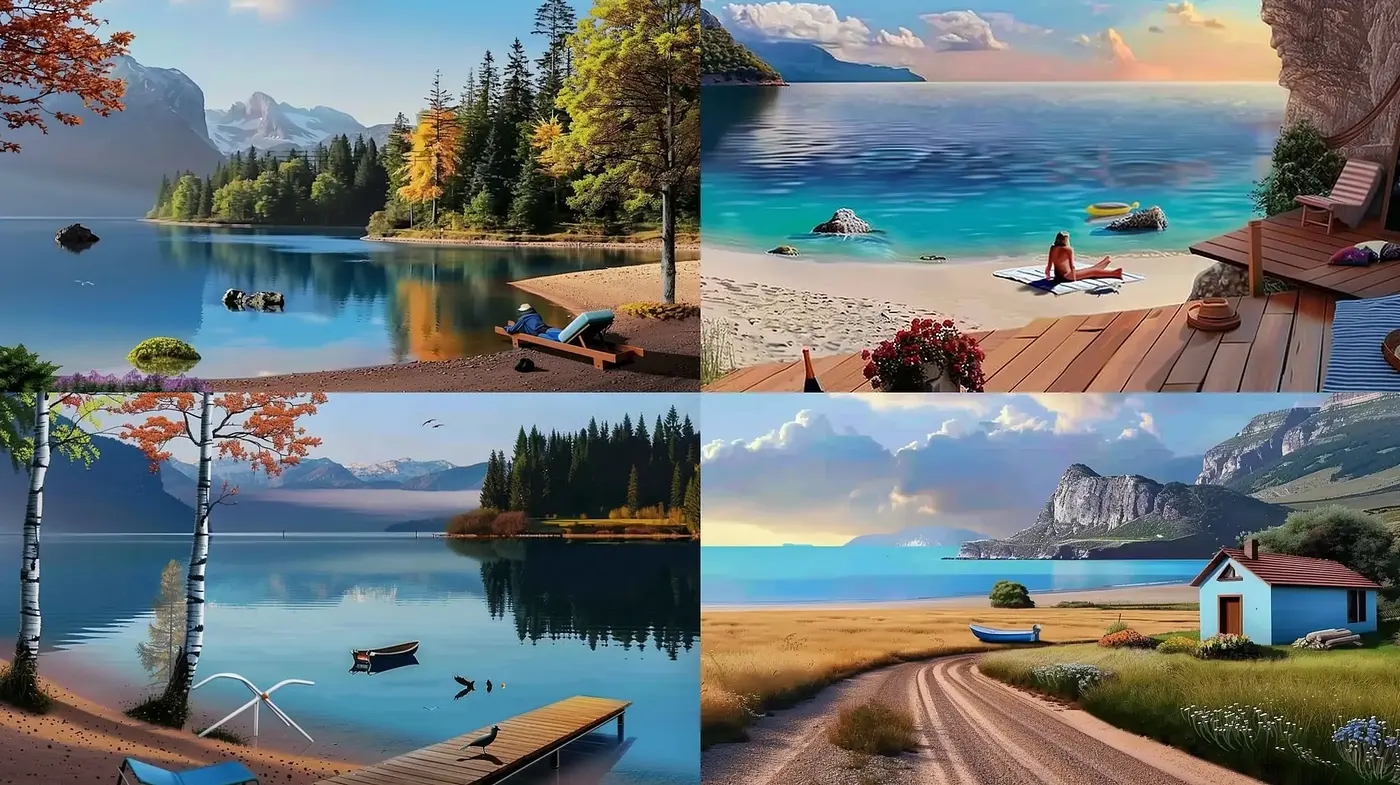 Serene Lakeside Escapism with a Vibrant Digital Palette - Midjourney sref style