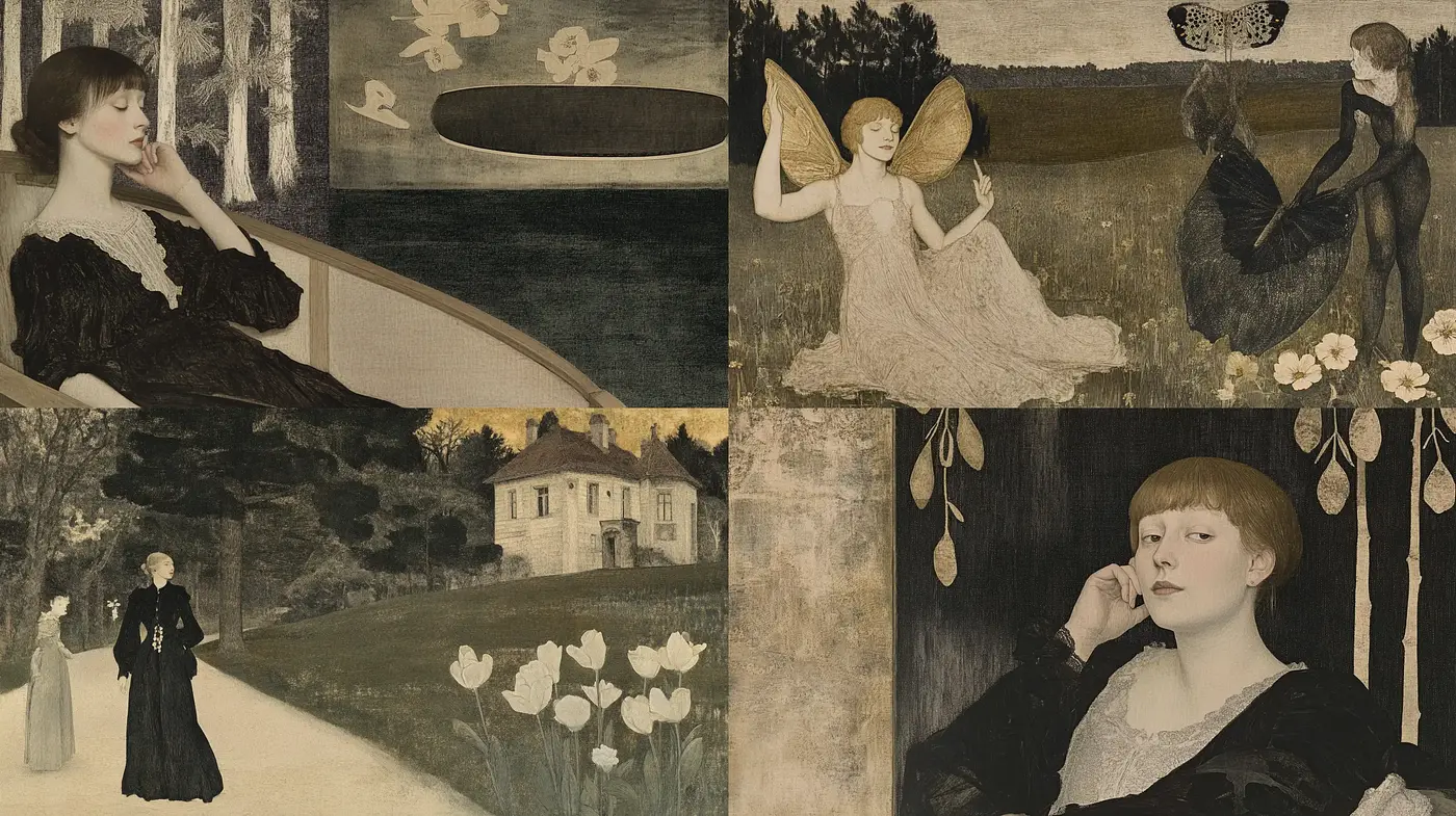 Ethereal nocturne dreamscape with a Victorian touch - Midjourney sref style