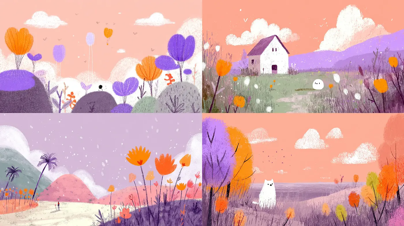 Whimsical Landscape Illustrations with Soft Textures and Pastel Tones - Midjourney sref style