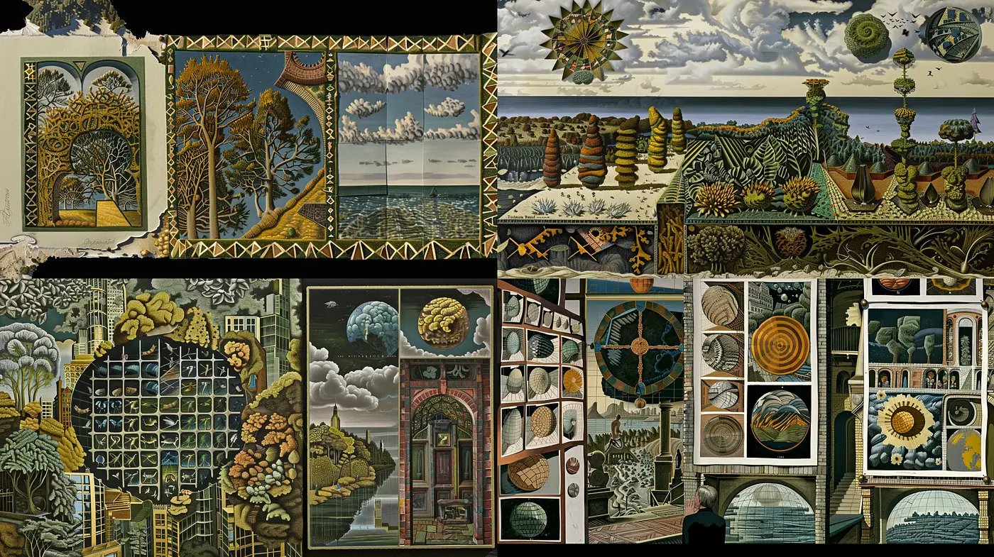 Surreal Tapestry of Dreamscapes: Intricate Fusion of Nature and Geometry - Midjourney sref style