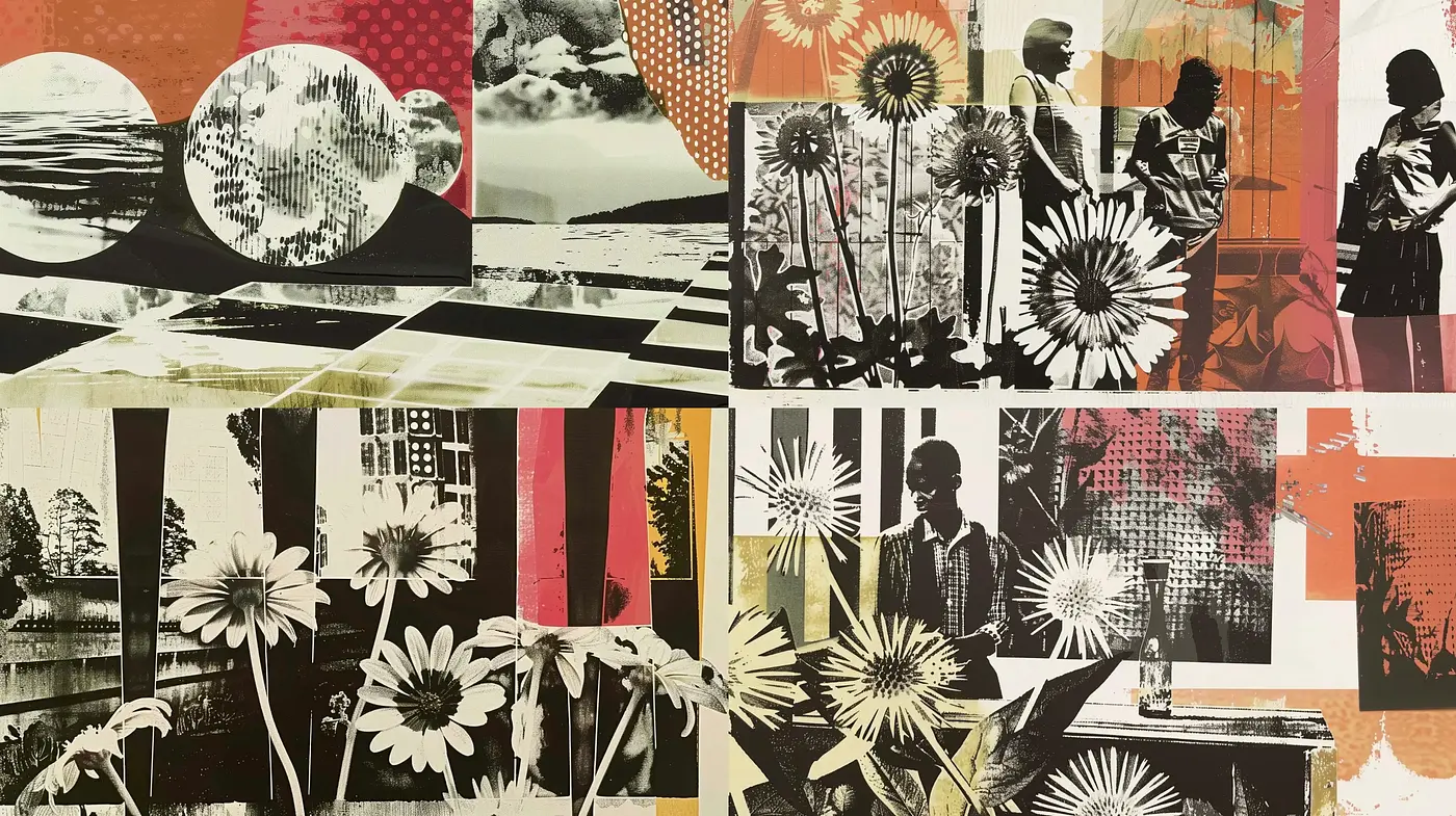 Retro Collage Dream: A Synchronous Dance of Patterns and Vintage Hues - Midjourney sref style