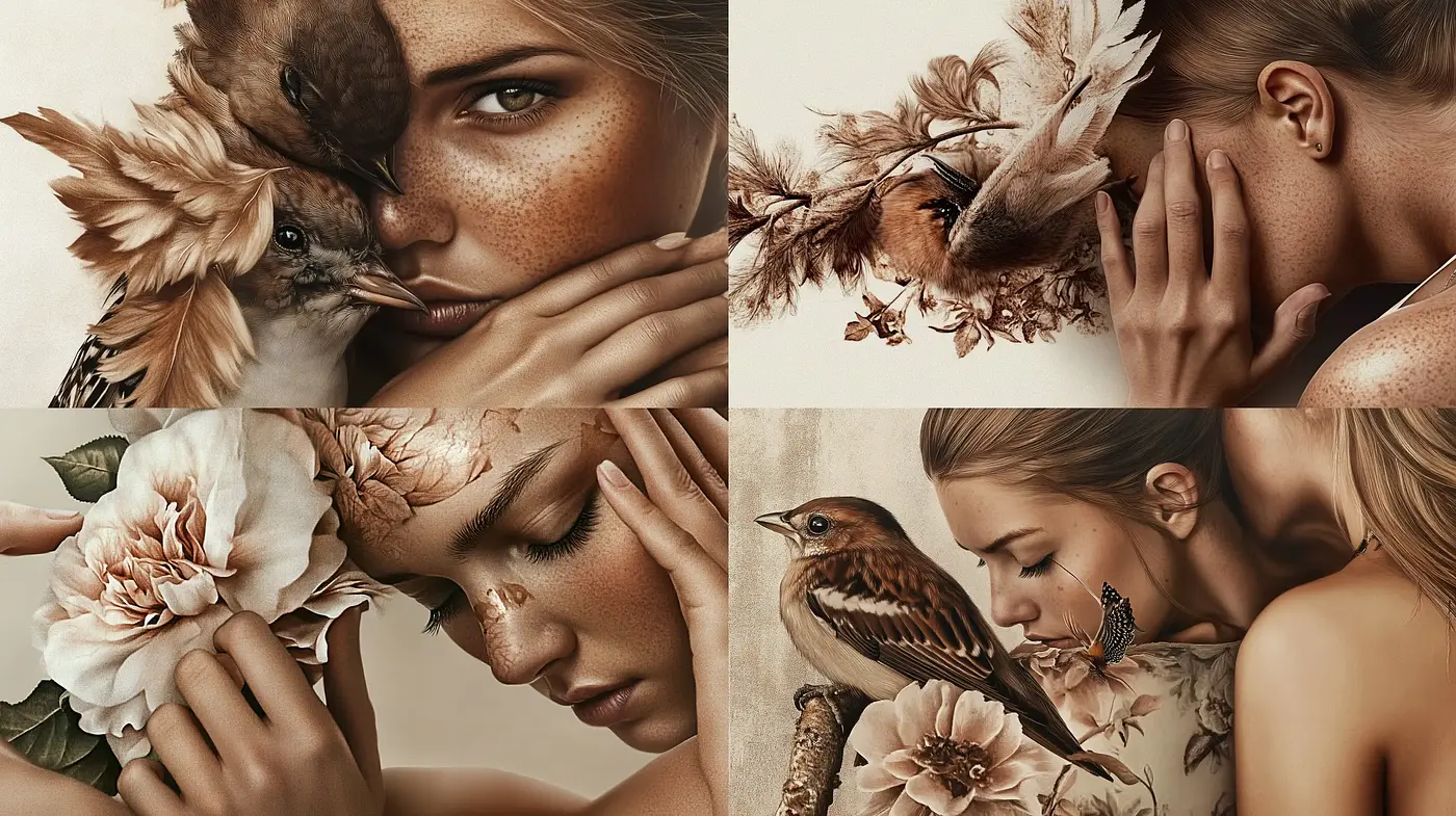Nature-Infused Human Portraiture in Warm Sepia Tones - Midjourney sref style