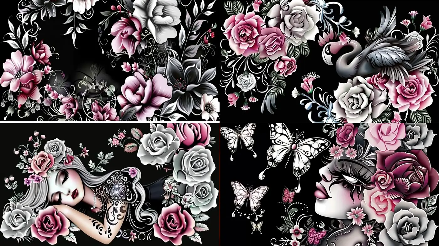 Floral Noir Elegance with Tattoo-Inspired Aesthetics - Midjourney sref style