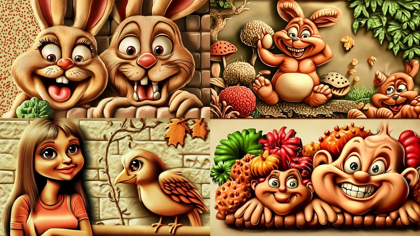 Vibrant Storybook Whimsy: Enchanting Textured Characters in a Lively Colorful World - Midjourney sref style