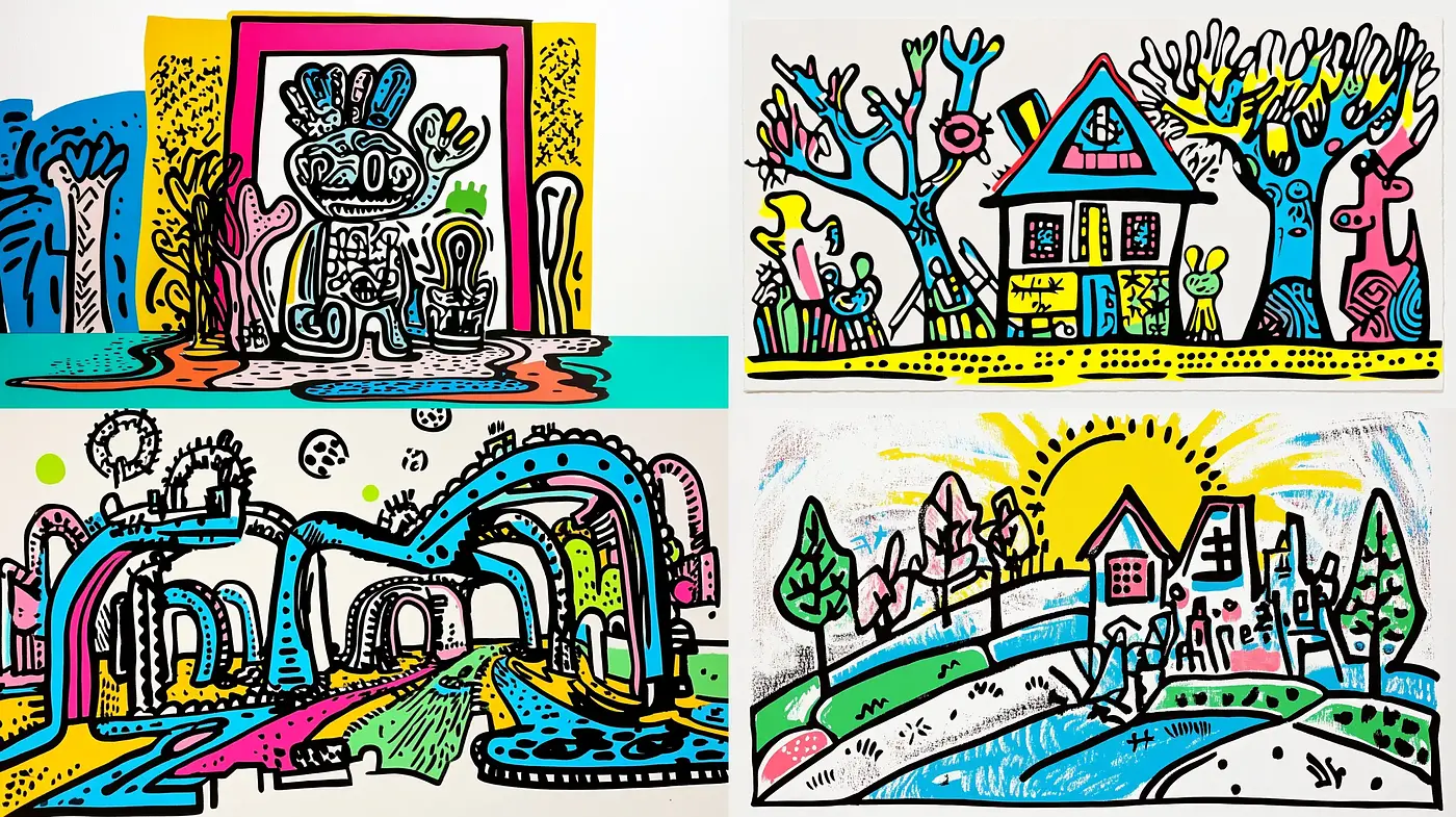 Whimsical Line Art Fusion with Vivid Expressionist Tones - Midjourney sref style