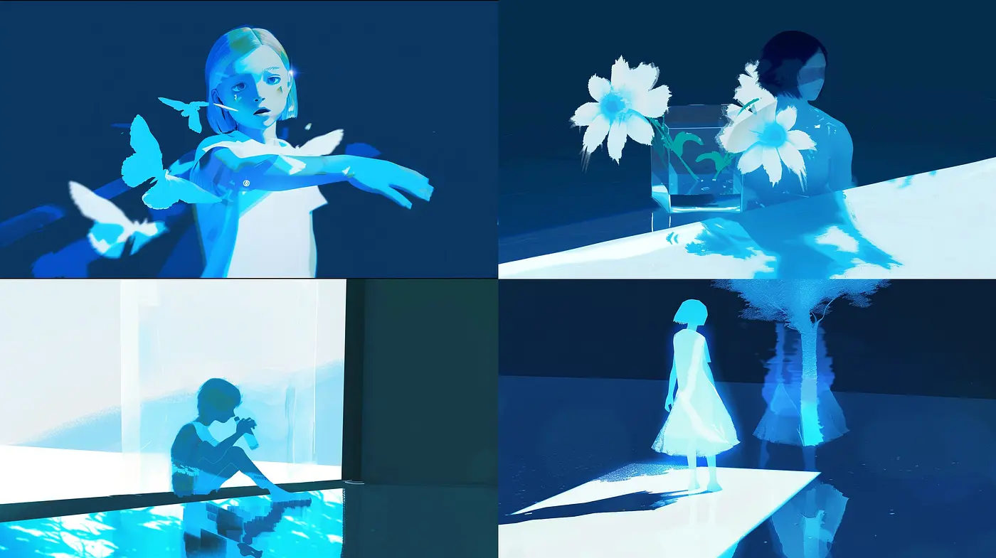 Luminous Azure Dreamscape: A Study in Monochromatic Surrealism - Midjourney sref style