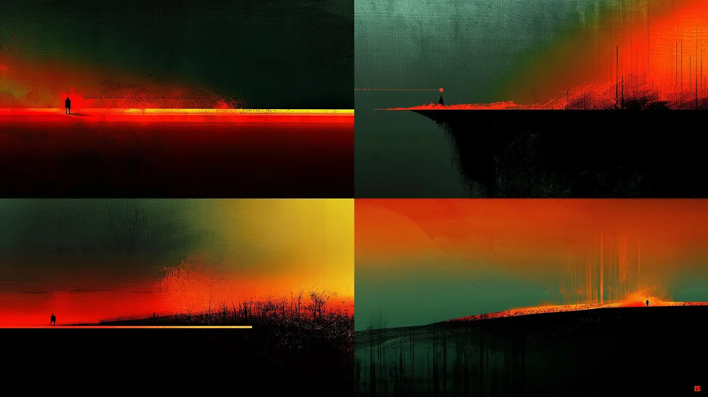 Ethereal Horizon: Dystopian Sunset Embraced by a Darkened Sky - Midjourney sref style