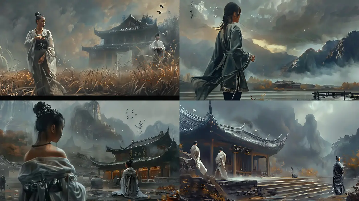 Ethereal Brushstrokes in a Monochromatic Eastern Landscape - Midjourney sref style