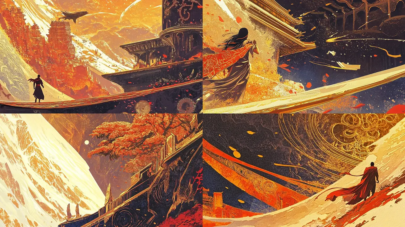 Epic Journey Through Stylized Landscapes: A Fusion of Warm Tones and Dramatic Flair - Midjourney sref style