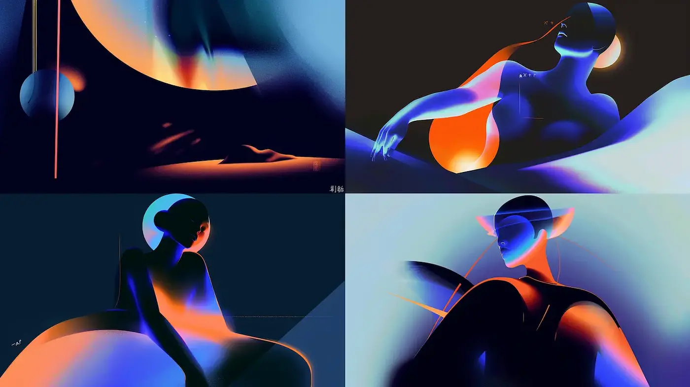 Exploration of Fluid Forms in Illuminated Surrealism - Midjourney sref style