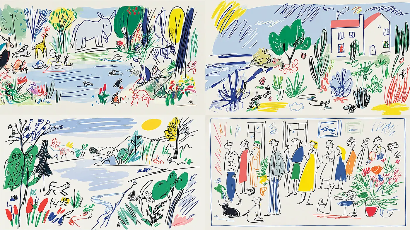 Playful and Colorful Illustrative Style with Nature and Figure Elements - Midjourney sref style