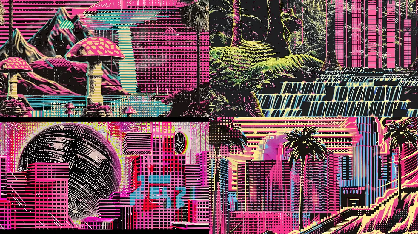 Neon Gridscape: A Digital Fusion of Retrofuturism and Synthwave Aesthetics - Midjourney sref style