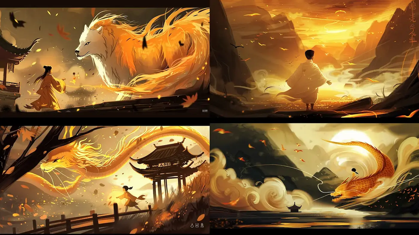 Dynamic and Ethereal Asian-inspired Fantasy Art with Warming Tones - Midjourney sref style