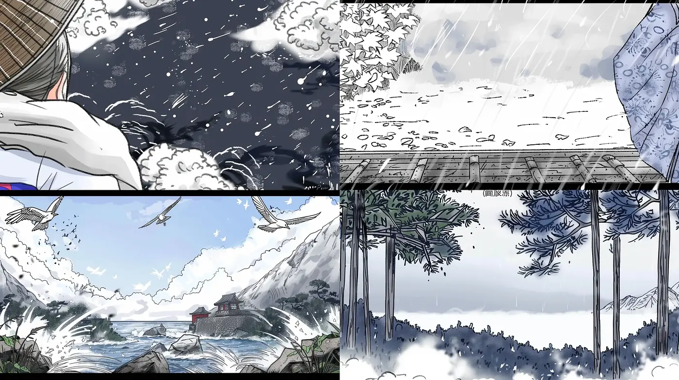 Monochromatic Brushstroke Landscapes with a Touch of Anime - Midjourney sref style