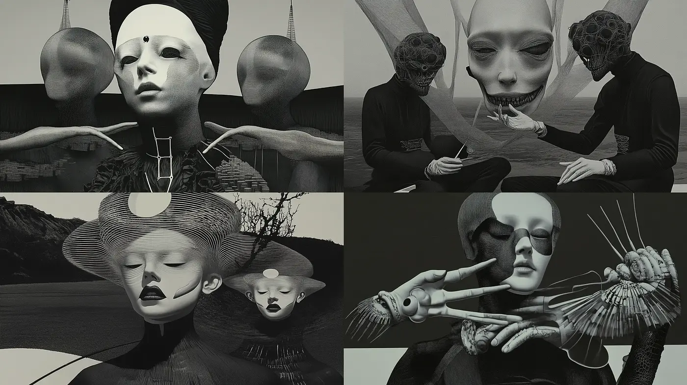 Monochromatic Surrealism with Ethereal Overtones - Midjourney sref style