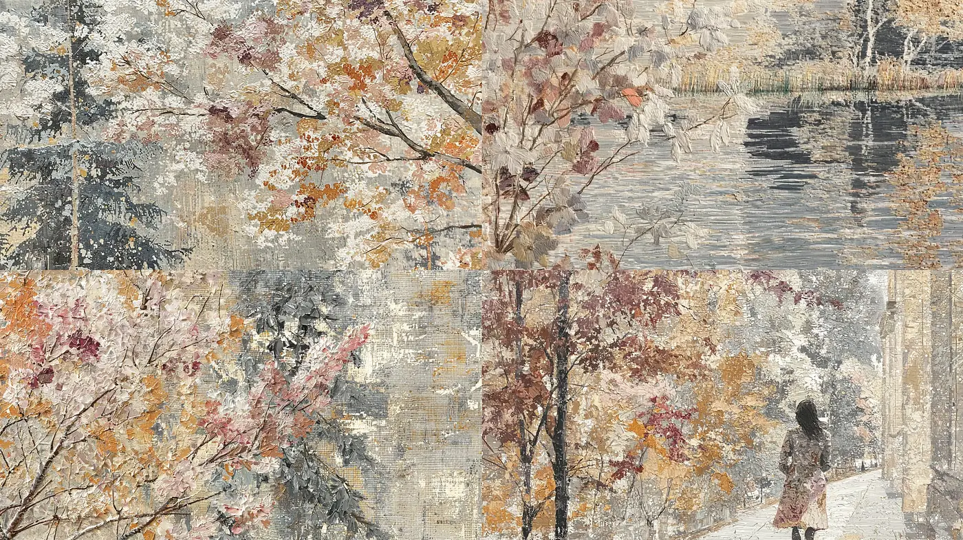 Autumnal Hues Amidst Textured Tranquility: An Artistic Fusion with a Reflective Mood - Midjourney sref style
