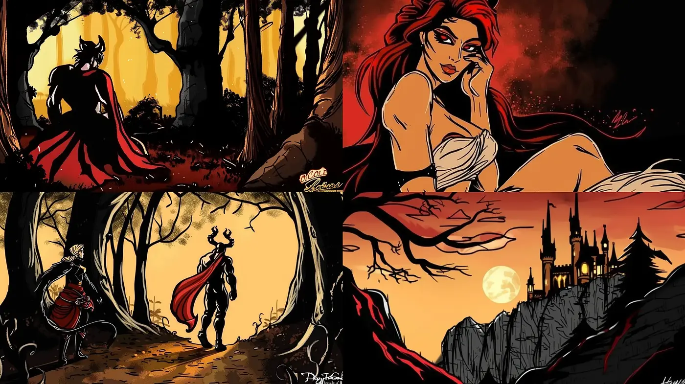 Ethereal Twilight: Red Hues and Shadowy Silhouettes Embrace - Midjourney sref style