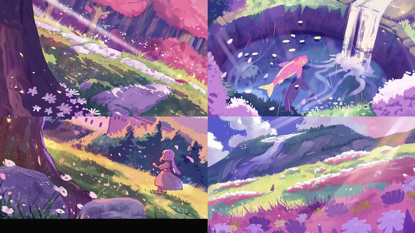 Whimsical pastel landscapes with a serene, dreamlike quality - Midjourney sref style