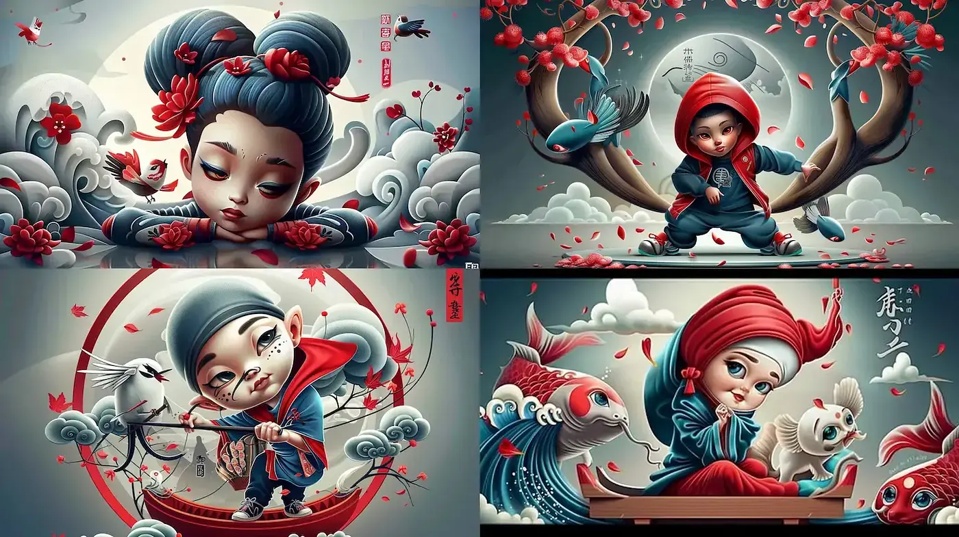 Whimsical Japanese-inspired illustrations with a serene mood - Midjourney sref style