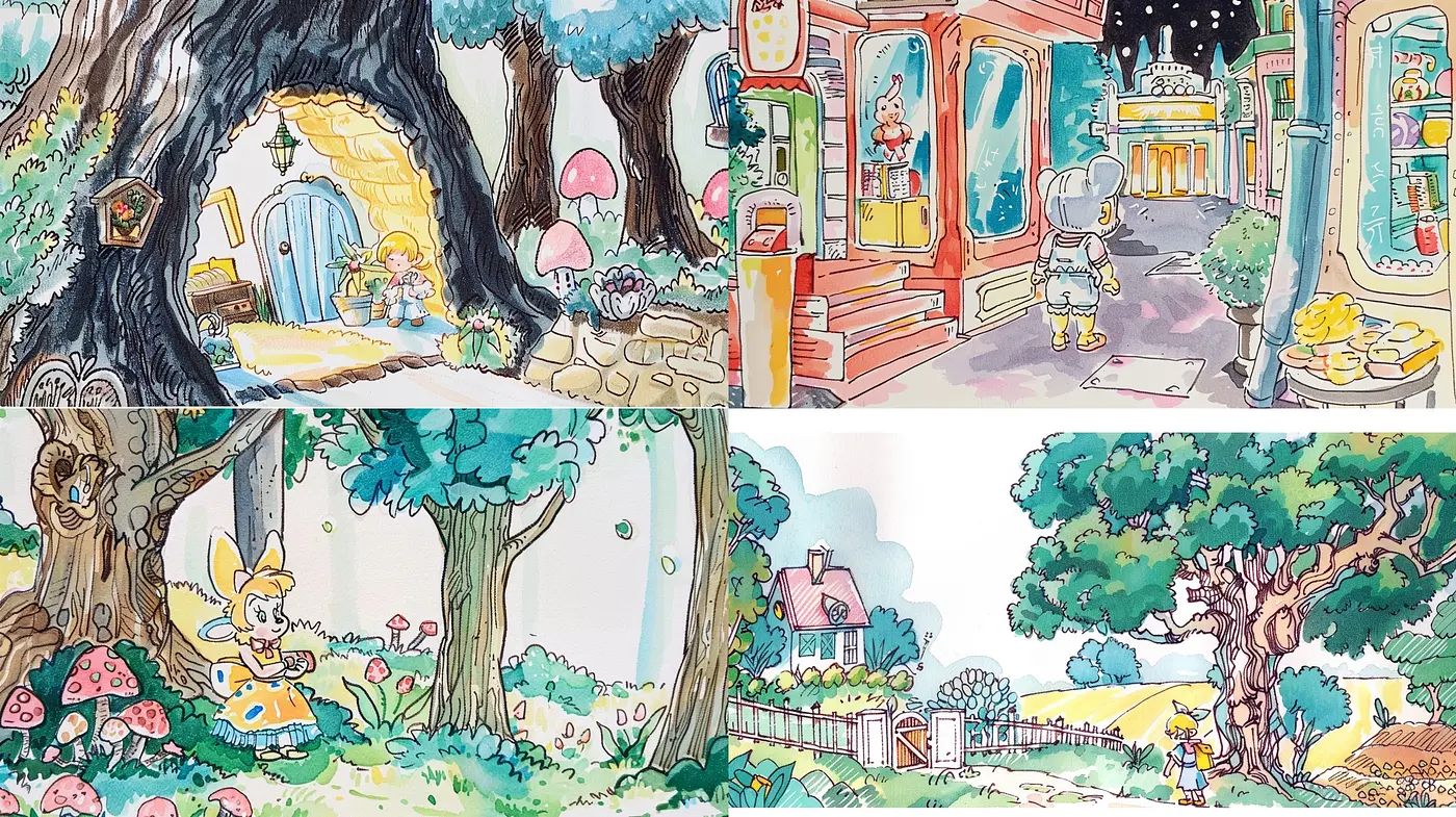 Whimsical Watercolor Dreamscape with Storybook Charm - Midjourney sref style