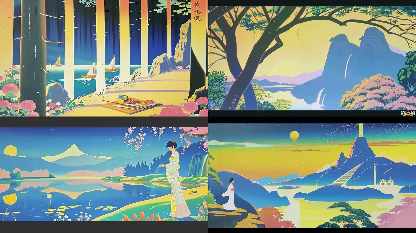 Tranquil Harmony in Stylized Nature: A Consistent Retro-Influenced Palette and Technique Across Varied Landscapes - Midjourney sref style
