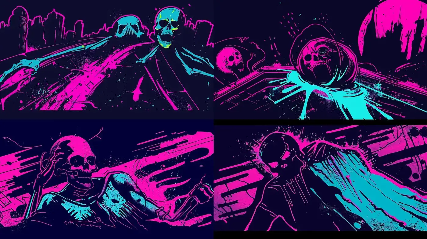 Dynamic Neon-Infused Gothic Illustration with a Modern Edge - Midjourney sref style