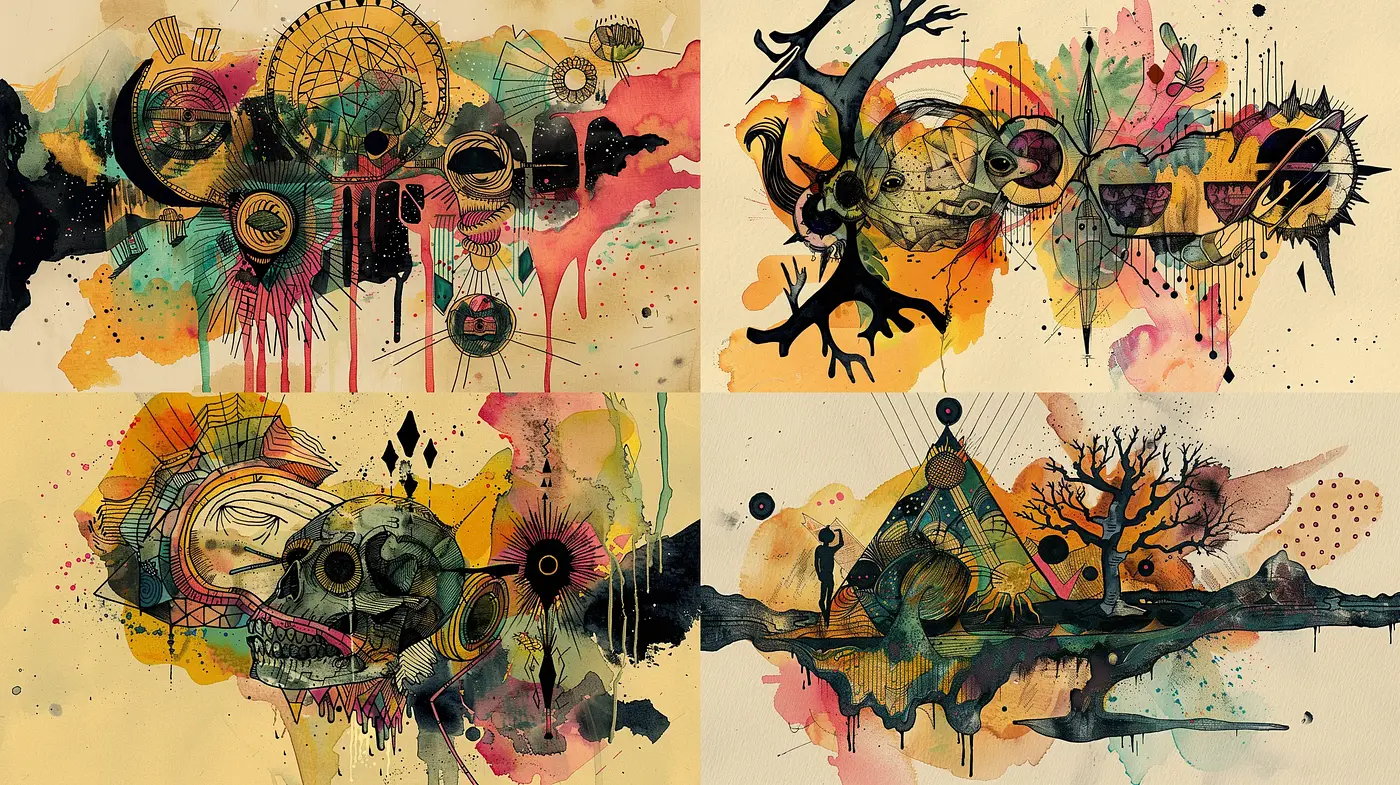Abstract Ephemera: A Fusion of Surrealism and Ink Wash Dreamscapes - Midjourney sref style