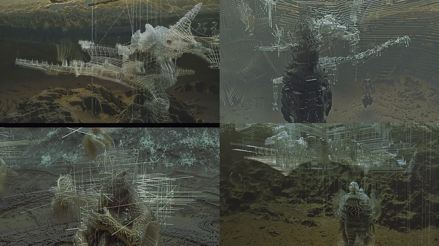 Desolate Sci-Fi Terrain with Ethereal Wireframe Constructs - Midjourney sref style