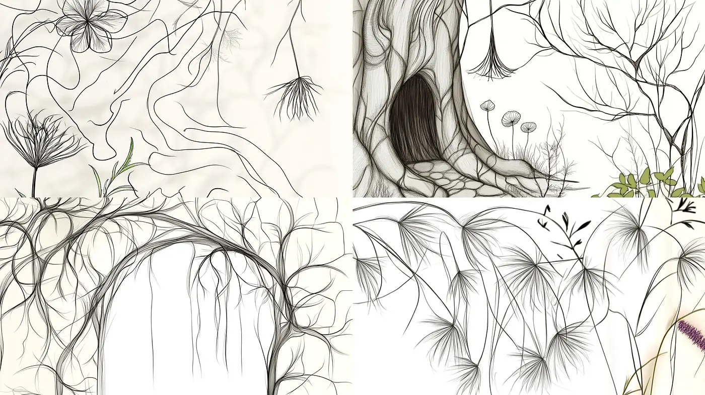 Whimsical Monochrome Botanicals: An Ethereal Pen-and-Ink Meditation - Midjourney sref style