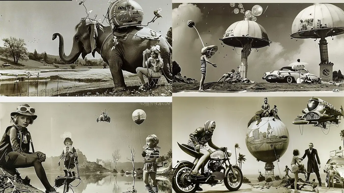 Surreal Retro-Futuristic Landscape with Playful Elements - Midjourney sref style