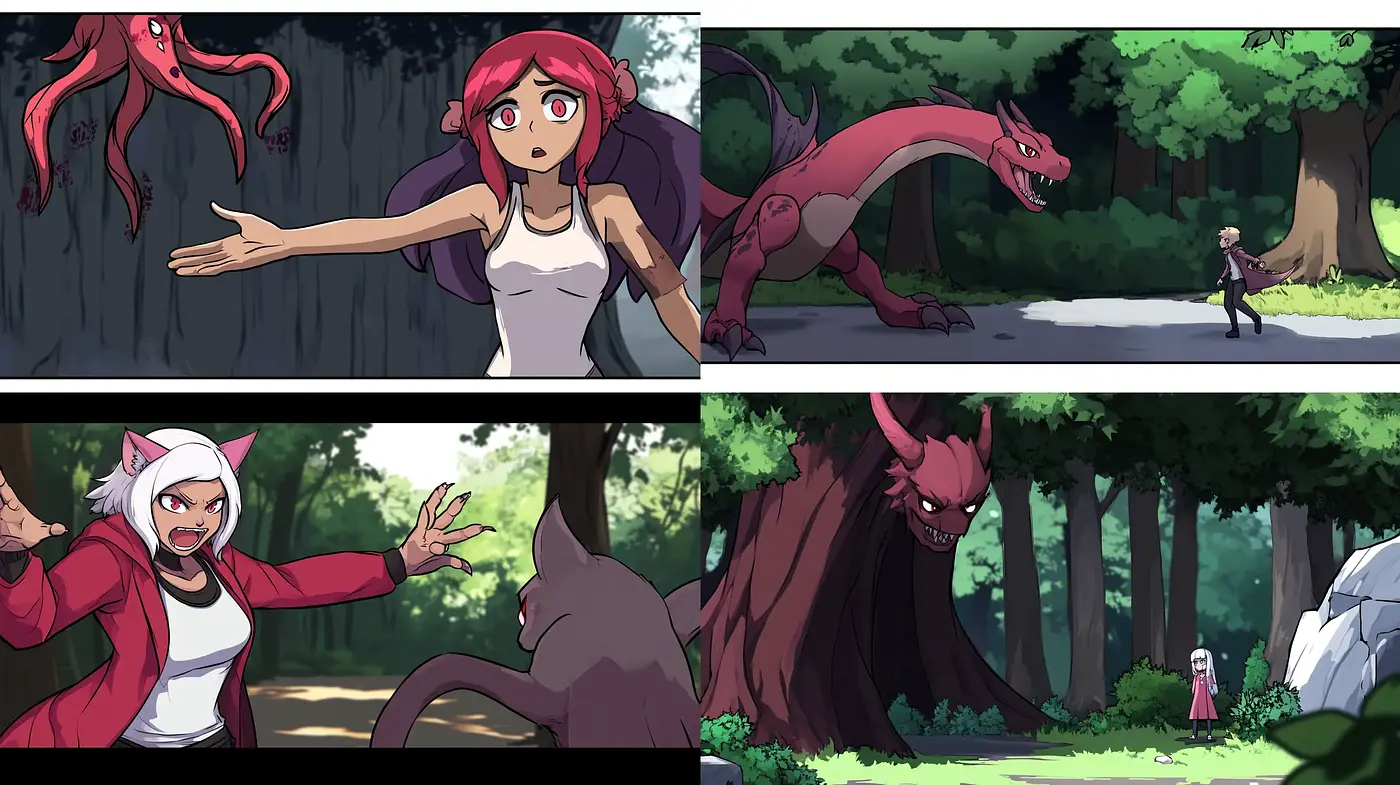 Energetic Anime-Inspired Forest Encounters - Midjourney sref style