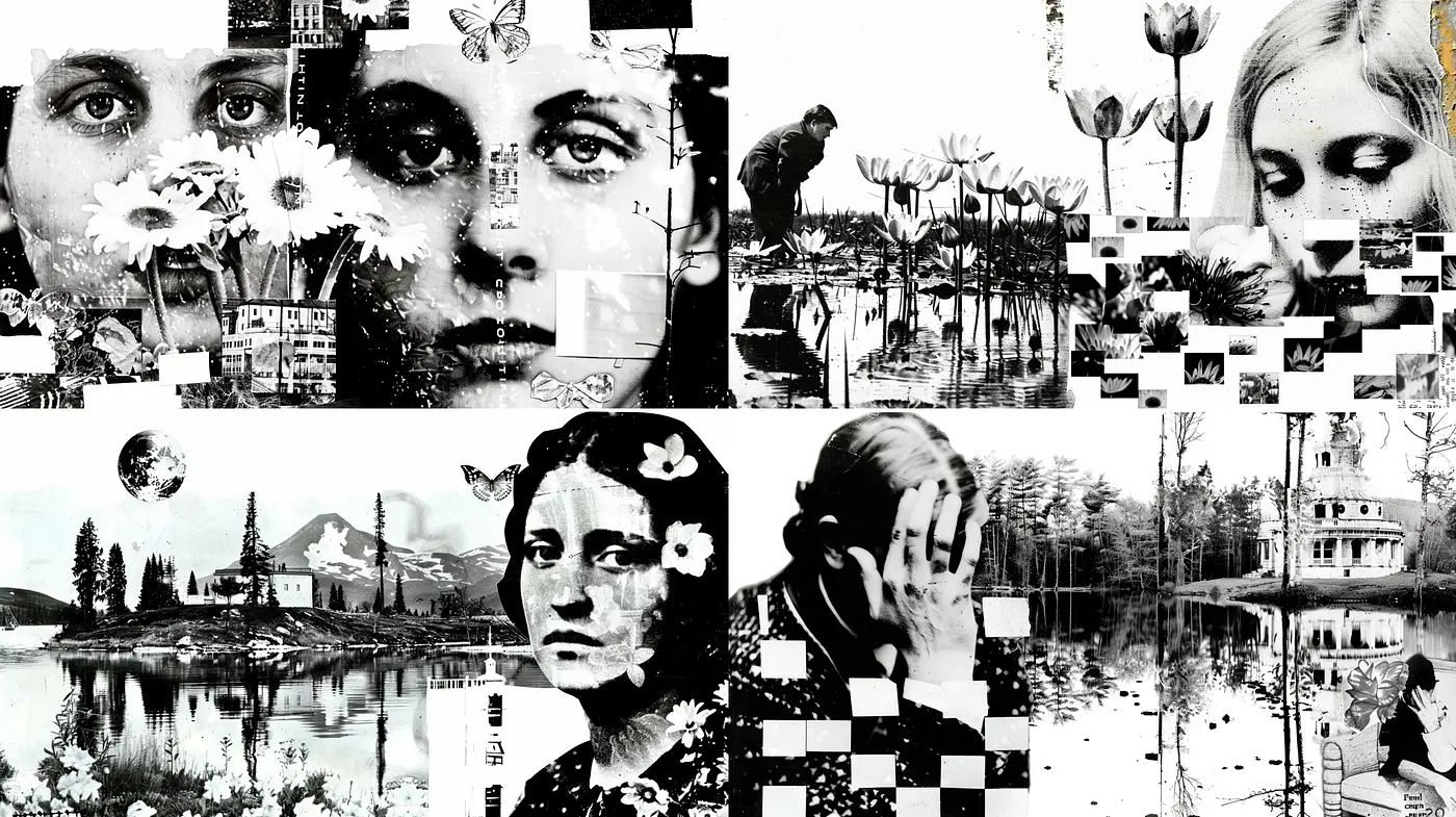 Monochromatic Dreamscape Collage - Midjourney sref style