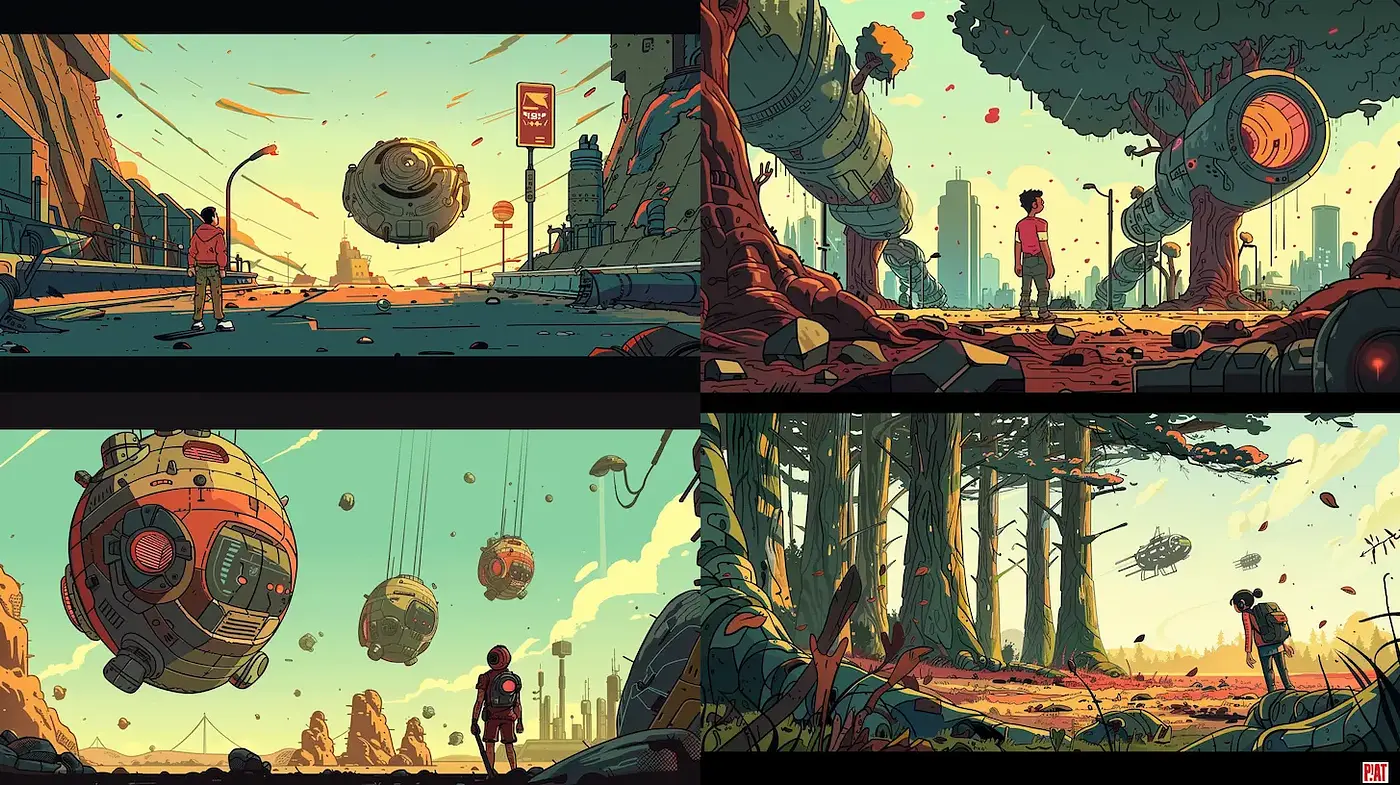 Bold and Stylized Futuristic Landscapes with a Retro Aesthetic - Midjourney sref style