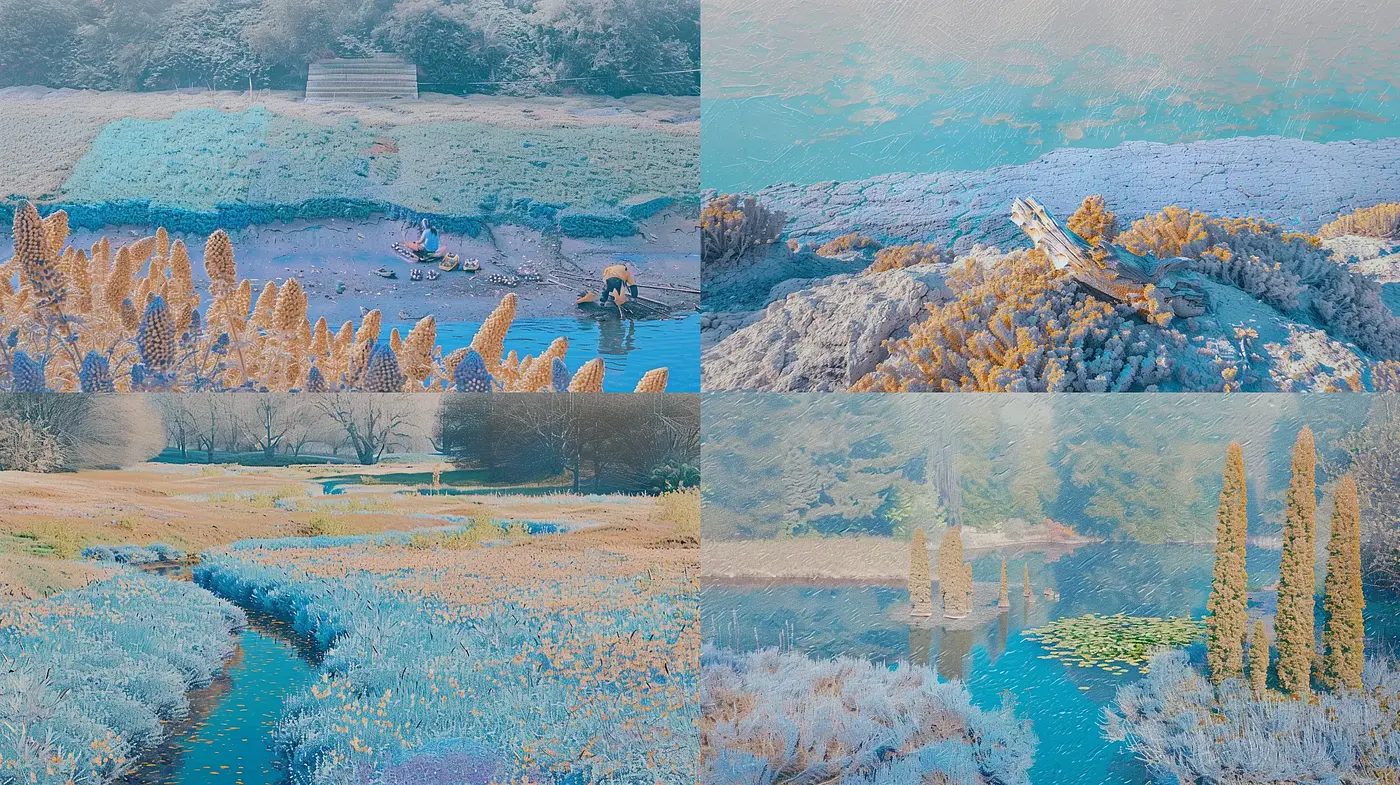 Ethereal Blue Pastoral Vistas: A Brushstroke Journey - Midjourney sref style
