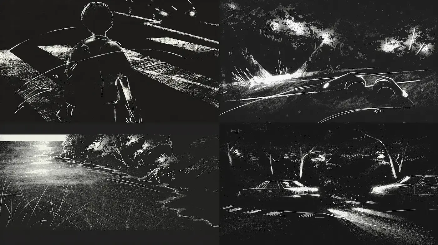Dynamic monochrome scenes with expressive textures - Midjourney sref style