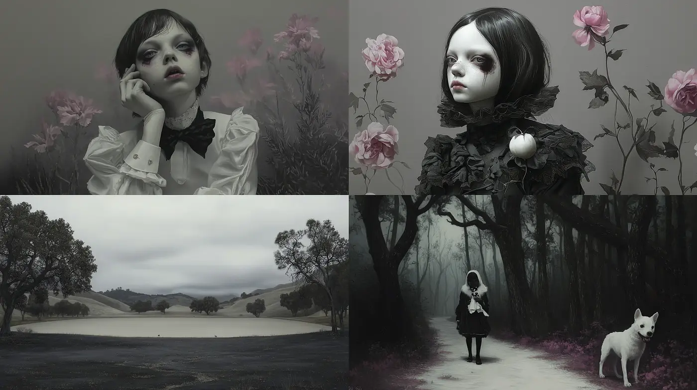 Whispers of Gothic Elegance: A Monochromatic Reinterpretation - Midjourney sref style