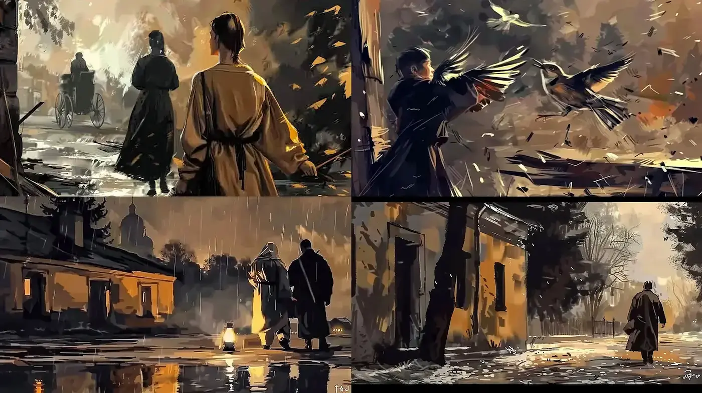 Dramatic and emotive narrative scenes with a focus on nature and figures - Midjourney sref style