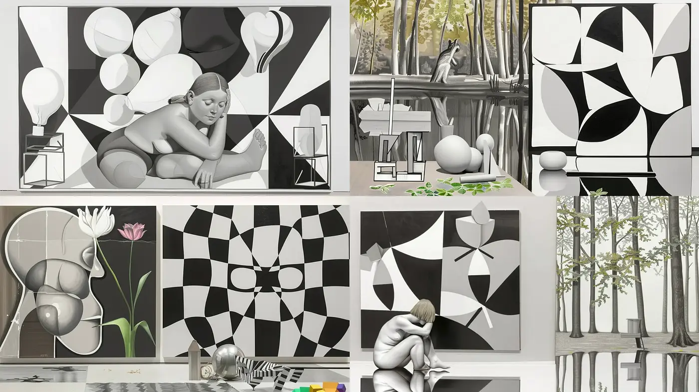 Monochromatic Surrealism with Geometric and Nature Fusion - Midjourney sref style