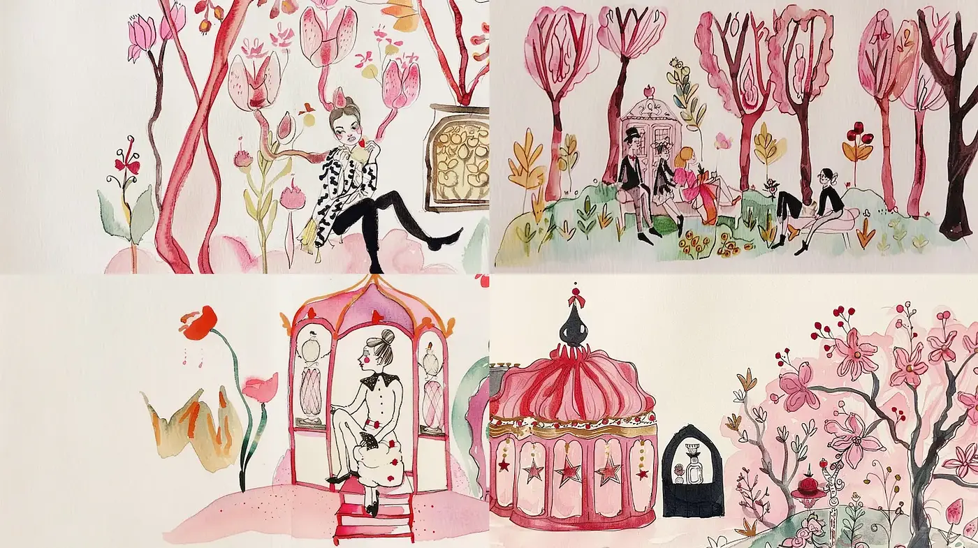 Charming and Whimsical Watercolor Illustrations with Convivial Elements - Midjourney sref style