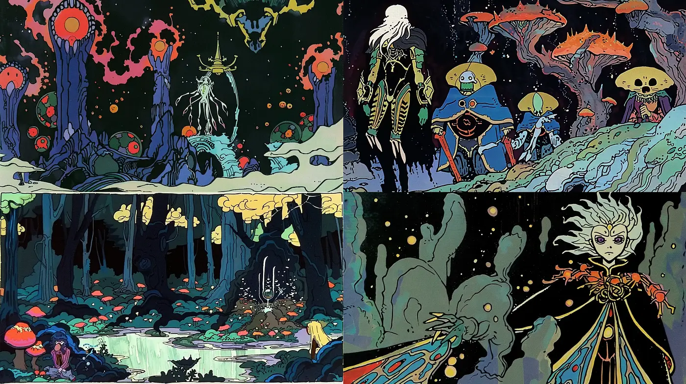 Mystical Nocturnal Fantasy with Chromatic Enchantment - Midjourney sref style