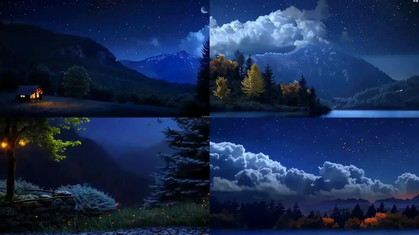 Charming nocturnal landscapes with ambient lighting and serene natural elements - Midjourney sref style